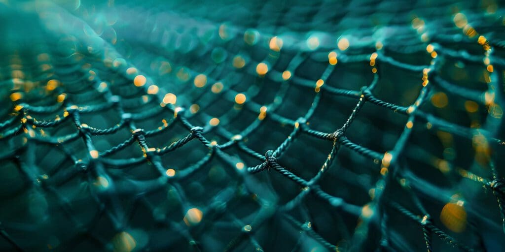 A close-up of a net with teal cords, illuminated by small golden lights, creating a shimmering, abstract effect. The background is blurred, emphasizing the texture and pattern of the netting.